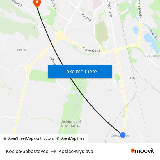 Košice-Šebastovce to Košice-Myslava map