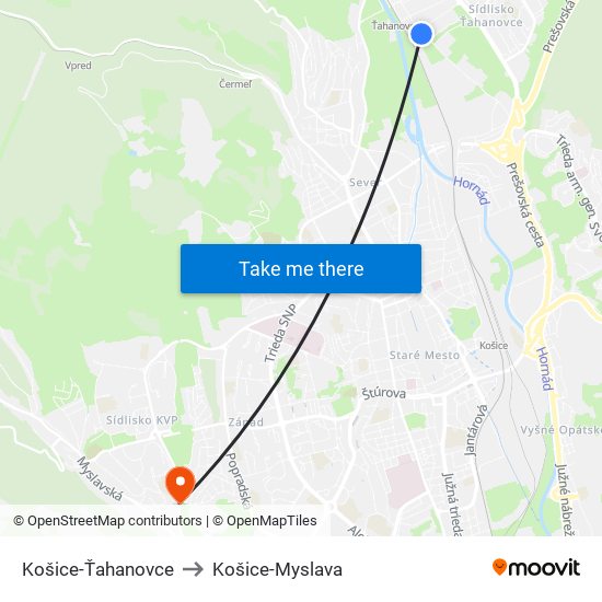 Košice-Ťahanovce to Košice-Myslava map