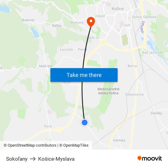 Sokoľany to Košice-Myslava map