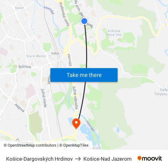 Košice-Dargovských Hrdinov to Košice-Nad Jazerom map