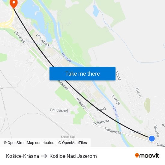 Košice-Krásna to Košice-Nad Jazerom map