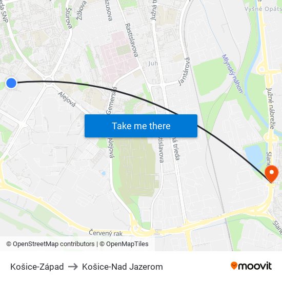Košice-Západ to Košice-Nad Jazerom map