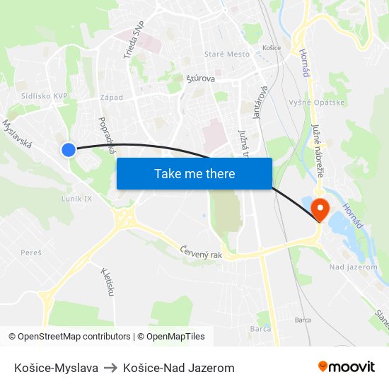 Košice-Myslava to Košice-Nad Jazerom map