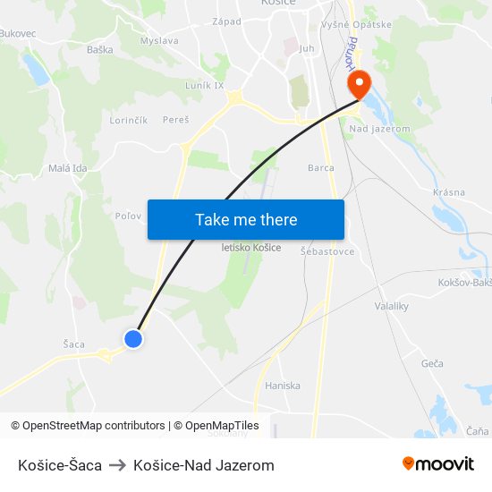 Košice-Šaca to Košice-Nad Jazerom map