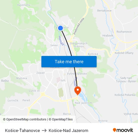 Košice-Ťahanovce to Košice-Nad Jazerom map