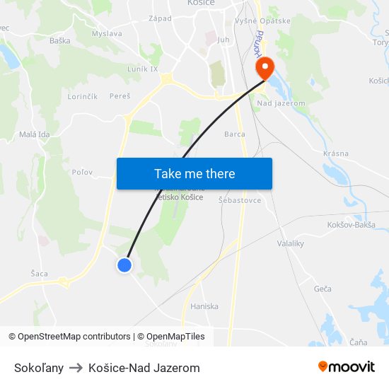 Sokoľany to Košice-Nad Jazerom map