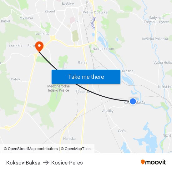 Kokšov-Bakša to Košice-Pereš map