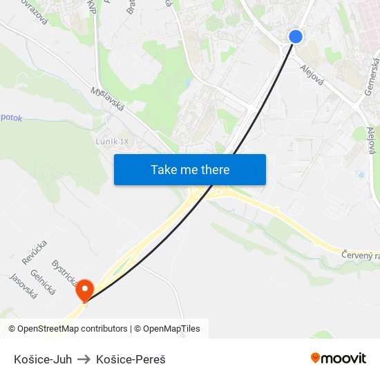 Košice-Juh to Košice-Pereš map