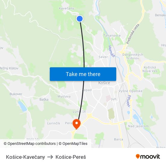 Košice-Kavečany to Košice-Pereš map