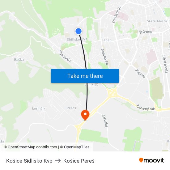 Košice-Sídlisko Kvp to Košice-Pereš map