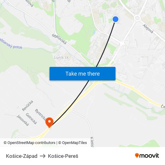 Košice-Západ to Košice-Pereš map