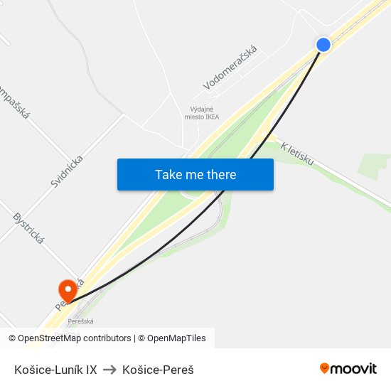 Košice-Luník IX to Košice-Pereš map