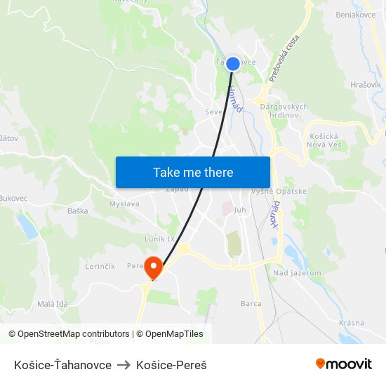 Košice-Ťahanovce to Košice-Pereš map