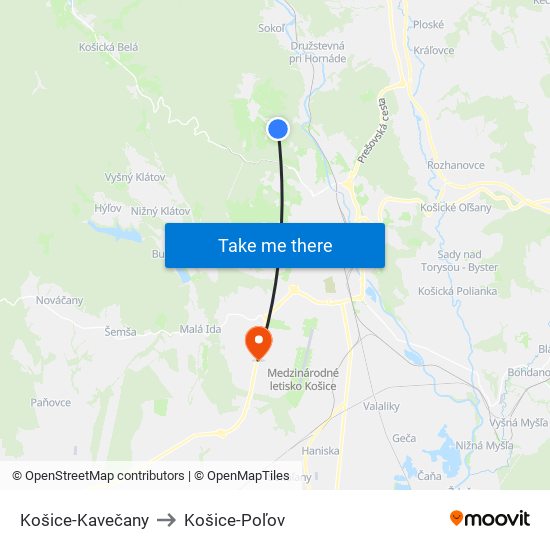 Košice-Kavečany to Košice-Poľov map