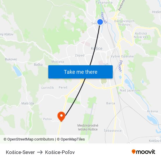 Košice-Sever to Košice-Poľov map