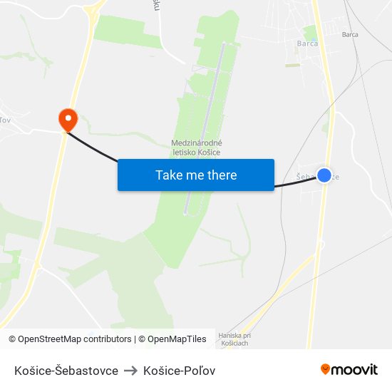 Košice-Šebastovce to Košice-Poľov map