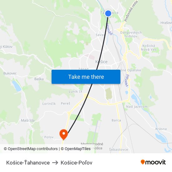 Košice-Ťahanovce to Košice-Poľov map