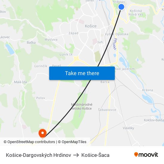 Košice-Dargovských Hrdinov to Košice-Šaca map