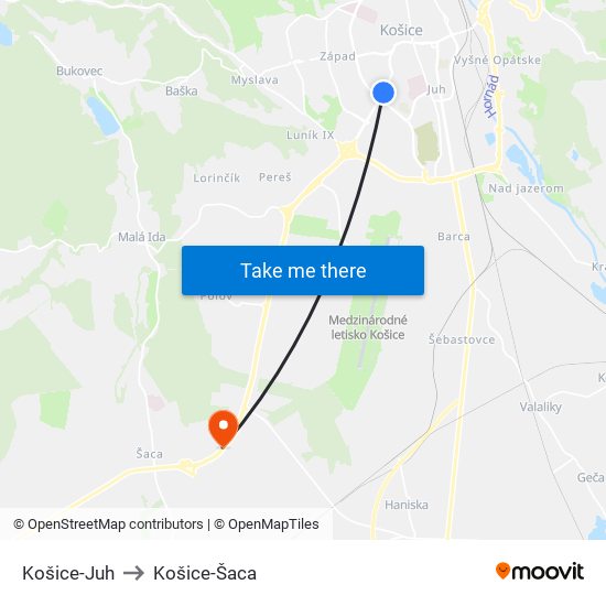 Košice-Juh to Košice-Šaca map