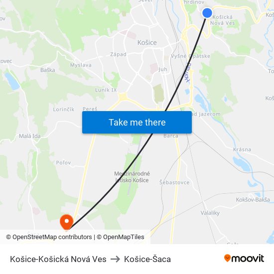 Košice-Košická Nová Ves to Košice-Šaca map