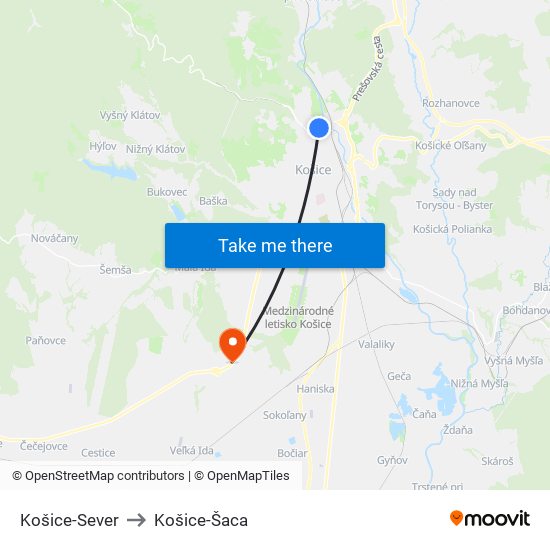 Košice-Sever to Košice-Šaca map