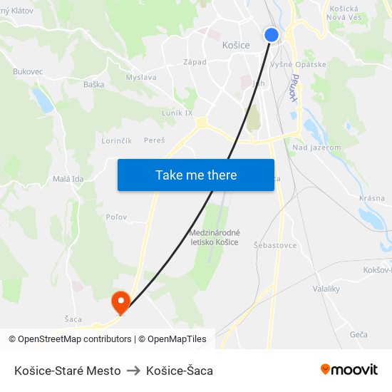 Košice-Staré Mesto to Košice-Šaca map