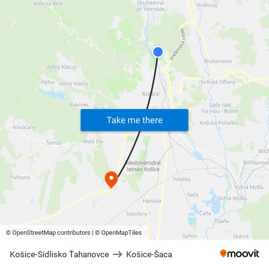 Košice-Sídlisko Ťahanovce to Košice-Šaca map