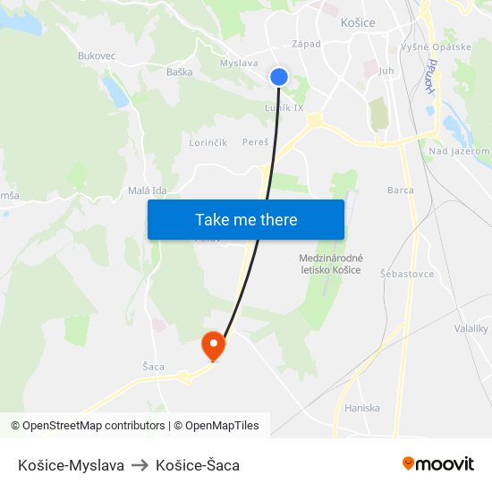 Košice-Myslava to Košice-Šaca map