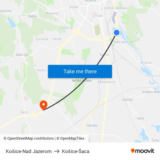 Košice-Nad Jazerom to Košice-Šaca map