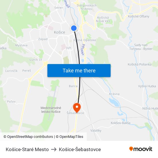 Košice-Staré Mesto to Košice-Šebastovce map