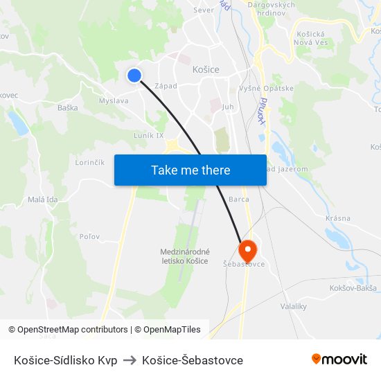 Košice-Sídlisko Kvp to Košice-Šebastovce map