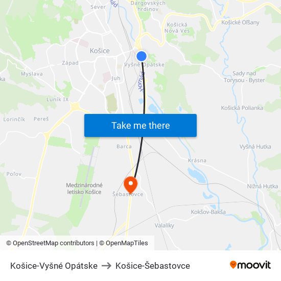 Košice-Vyšné Opátske to Košice-Šebastovce map