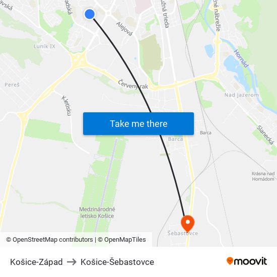 Košice-Západ to Košice-Šebastovce map