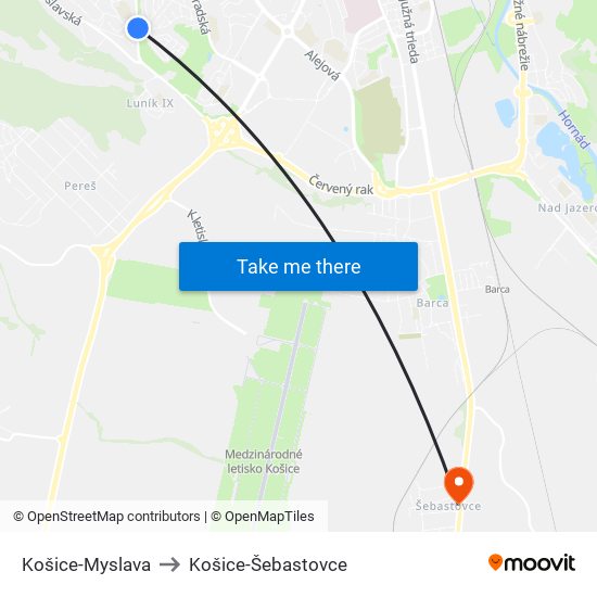 Košice-Myslava to Košice-Šebastovce map