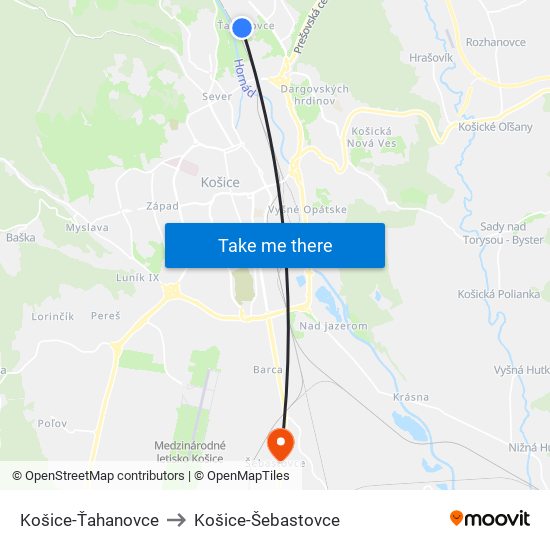 Košice-Ťahanovce to Košice-Šebastovce map