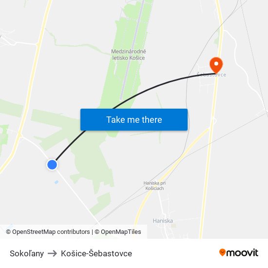 Sokoľany to Košice-Šebastovce map