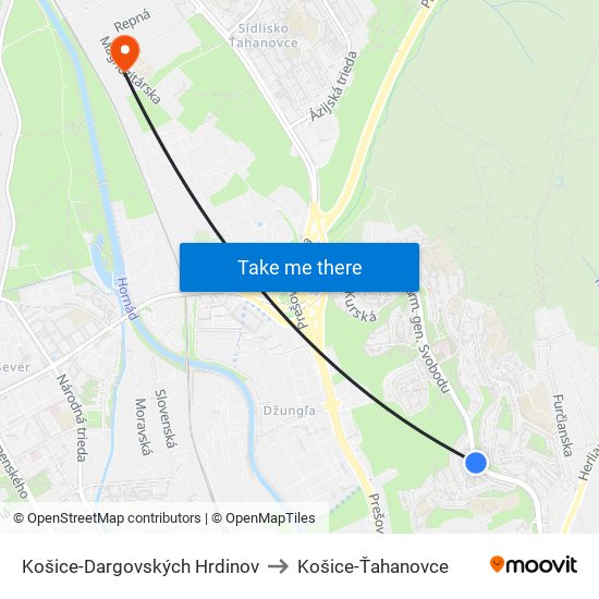 Košice-Dargovských Hrdinov to Košice-Ťahanovce map