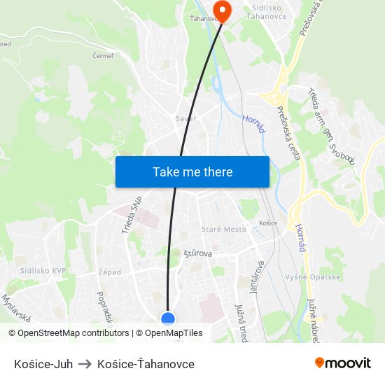 Košice-Juh to Košice-Ťahanovce map