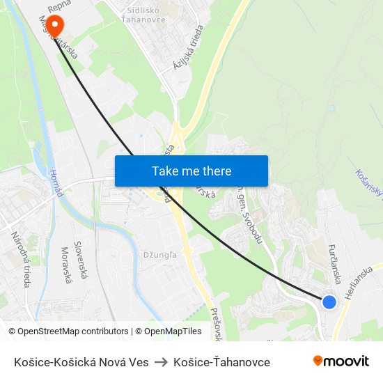 Košice-Košická Nová Ves to Košice-Ťahanovce map