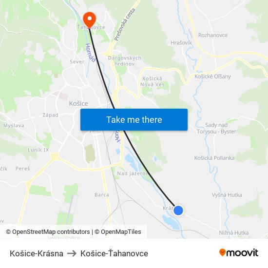 Košice-Krásna to Košice-Ťahanovce map