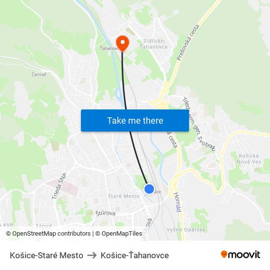 Košice-Staré Mesto to Košice-Ťahanovce map