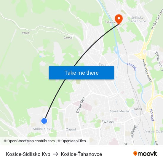 Košice-Sídlisko Kvp to Košice-Ťahanovce map