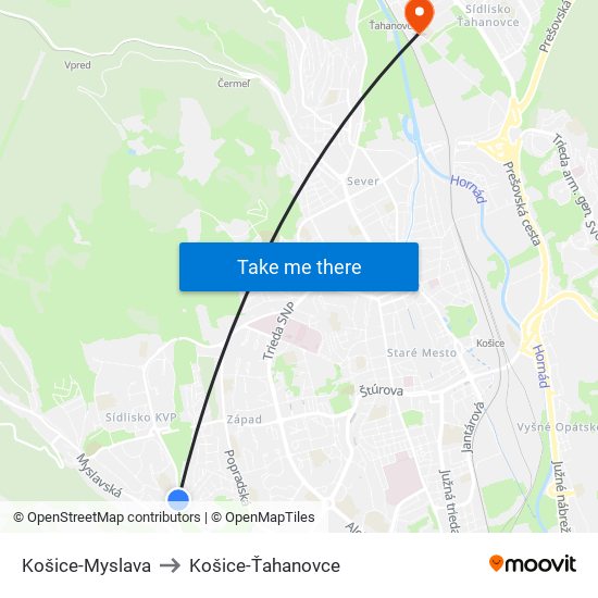 Košice-Myslava to Košice-Ťahanovce map