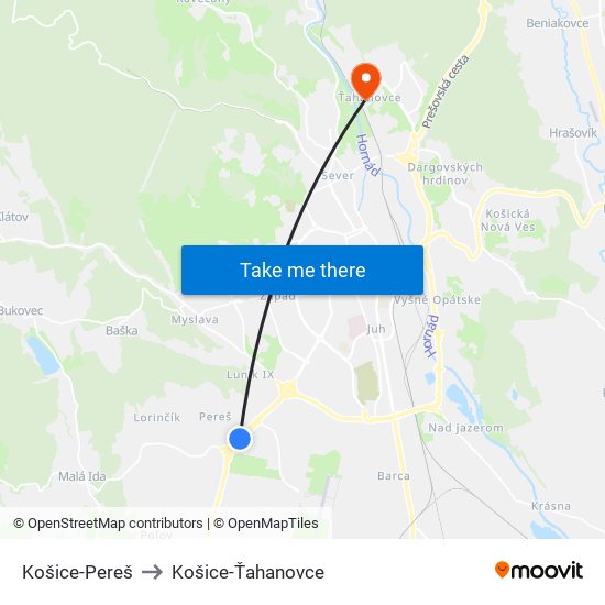 Košice-Pereš to Košice-Ťahanovce map