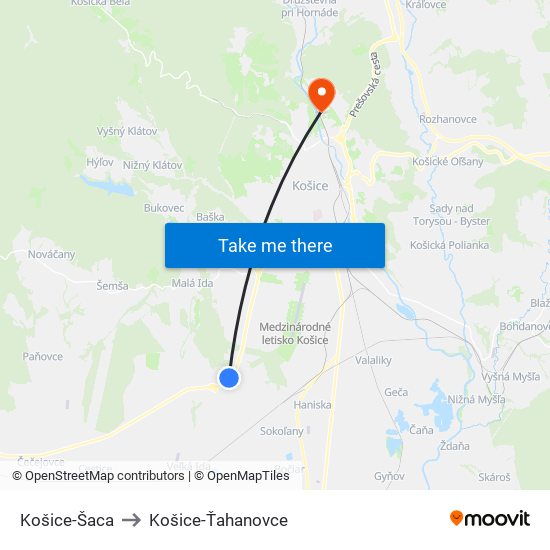 Košice-Šaca to Košice-Ťahanovce map