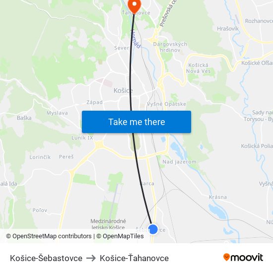 Košice-Šebastovce to Košice-Ťahanovce map