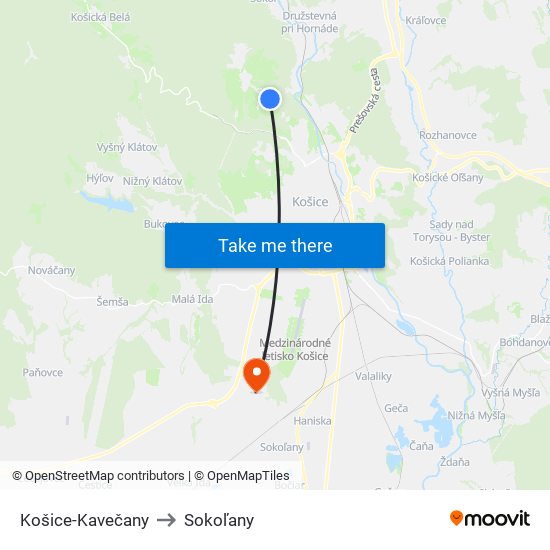 Košice-Kavečany to Sokoľany map