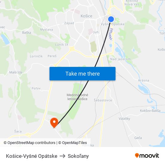 Košice-Vyšné Opátske to Sokoľany map