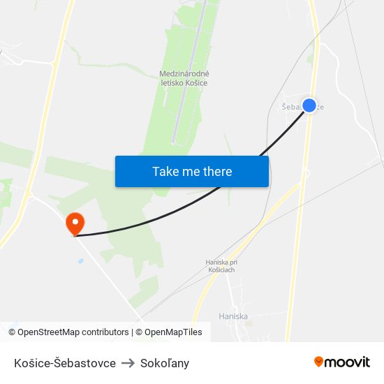 Košice-Šebastovce to Sokoľany map