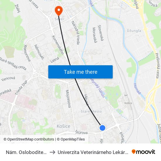 Nám. Osloboditeľov to Univerzita Veterinárneho Lekárstva map